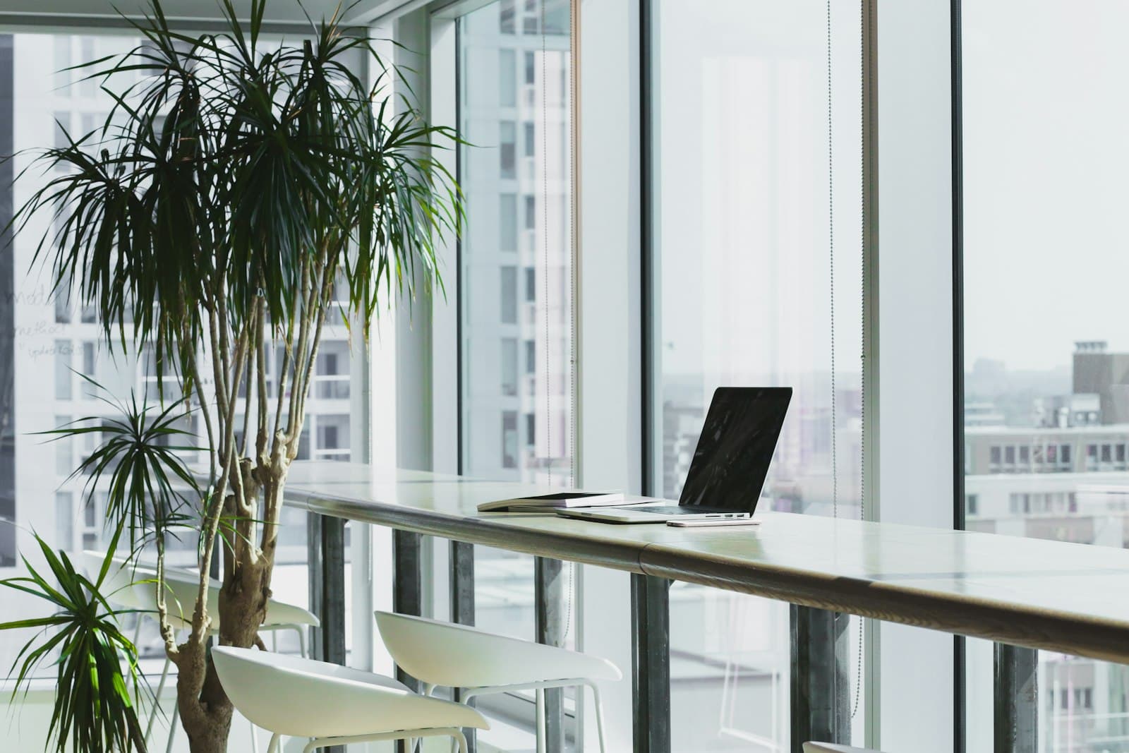A bright workspace looking out onto the city