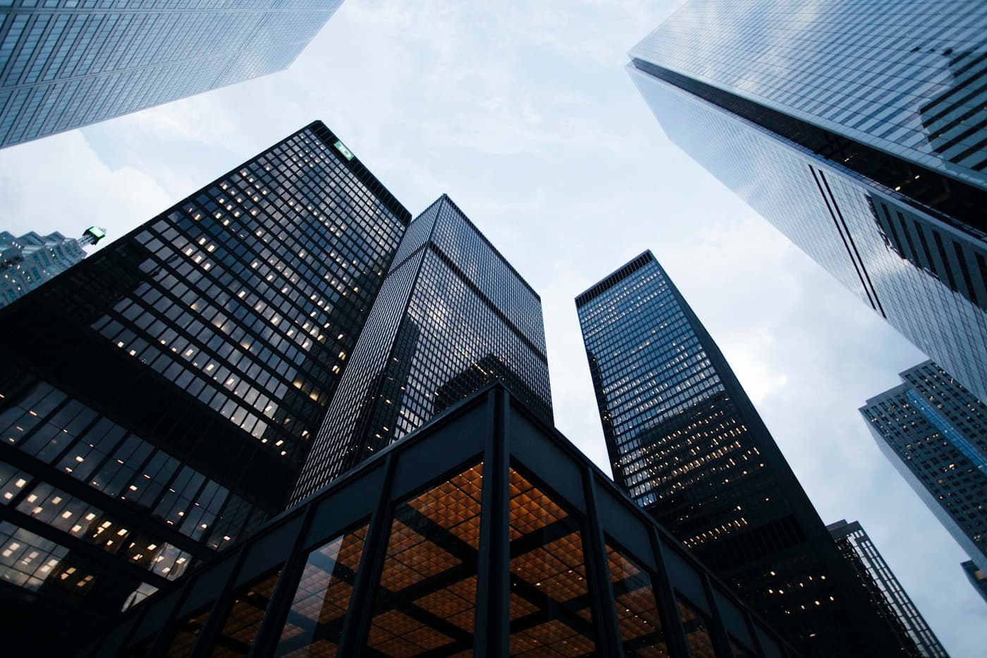 Looking up through a grid of downtown towers
